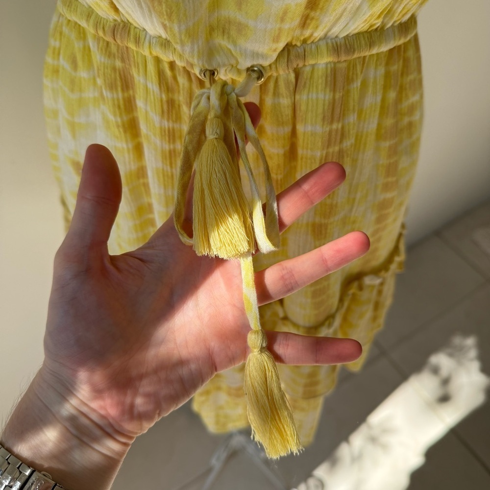 Majorelle baker Yellow Tie-Dye Ruffle Mini Dress Size S backless elastic waist - Picture 7 of 10